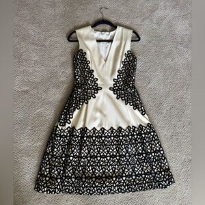 Lela Rose Lace Guipure V-Neck Black and Cream Fit & Flare Dress